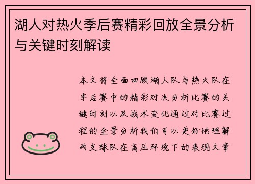 湖人对热火季后赛精彩回放全景分析与关键时刻解读